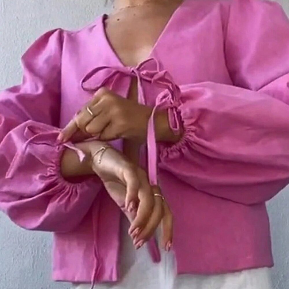Hot Pink Casual Women's Solid Color Front Tie Lantern Sleeve Loose Blouse - Picture 5 of 5
